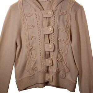 Anthropologie Lia Molly Wool Beige Cable Knit Cardigan Hood & Button Closures -